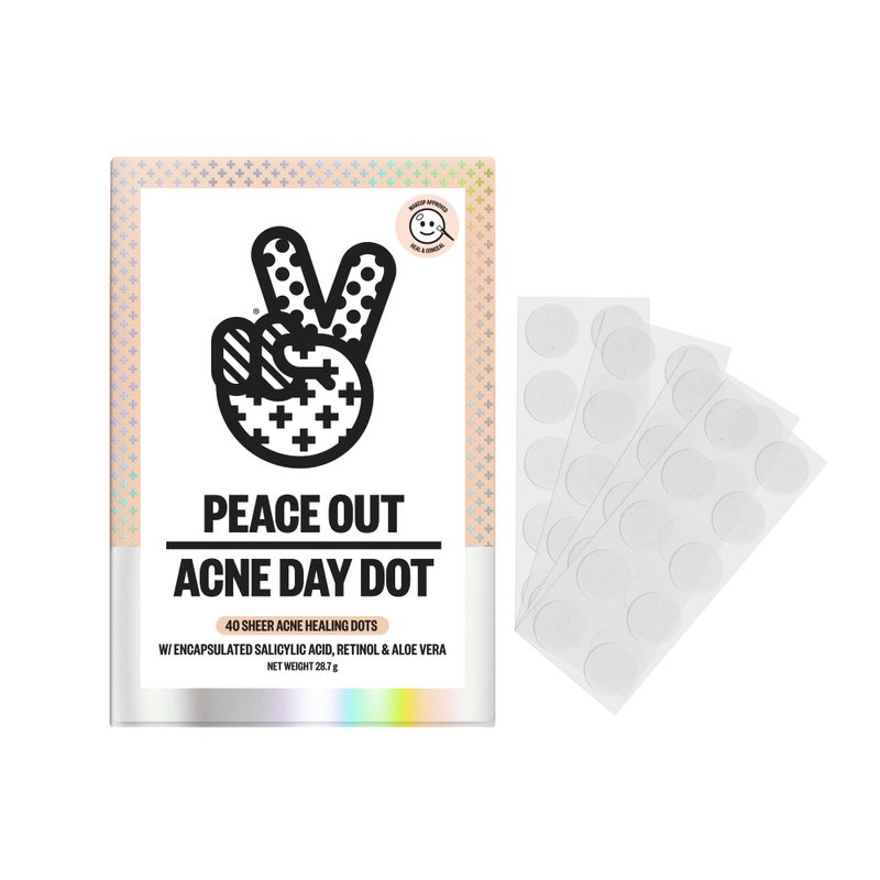 PEACE OUT Acne Day Dot, Sheer Acne Healing Dots, Virtually Invisible Wear, Hydrocolloid Pimple Patches Helps Clear Blemishes Quickly with Encapsulated Salicylic Acid, Retinol & Aloe Vera, 40 dots - Image 1